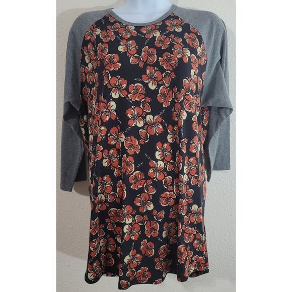 LuLaRoe Gray Blue Floral Print Top Large Raglan 3/4 Sleeves Lightweight - Picture 1 of 3